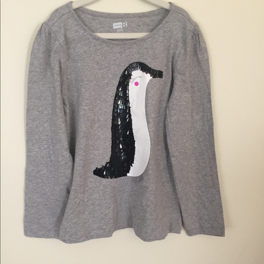 - Crazy 8 Girl’s long sleeve shirt w/penguin image  gray& black, size 7-8